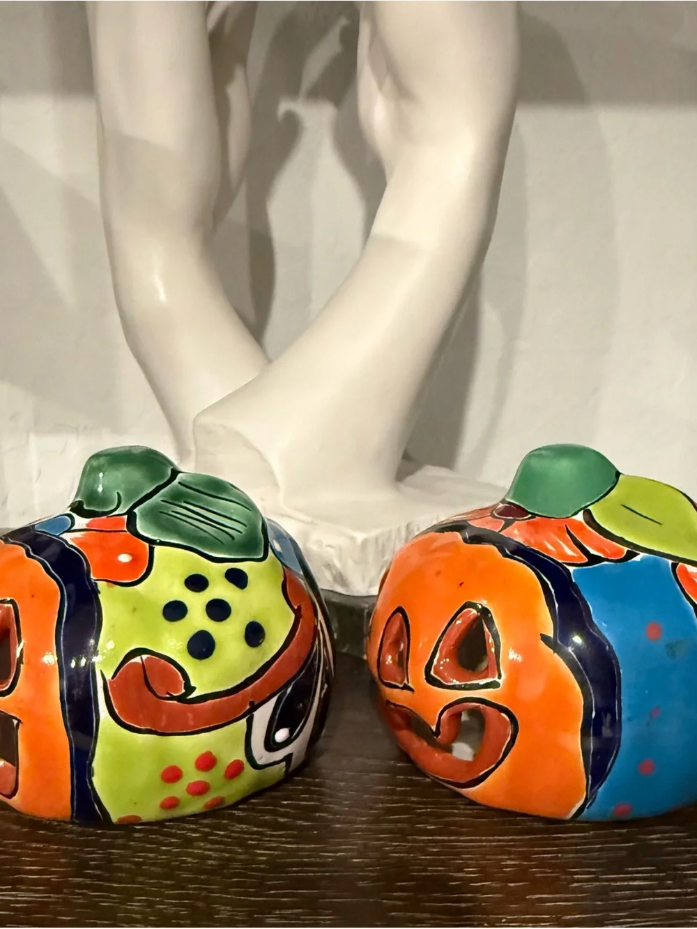Authentic Talavera Hand-Painted 3.5” Ceramic Jack-O'-Lantern Pair